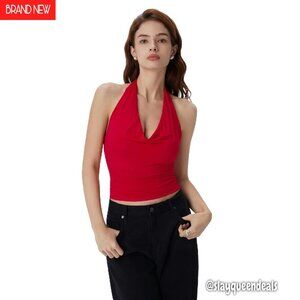 Built-in Bra Deep V Halter Top Open Back Tank 91% Modal Stretchy